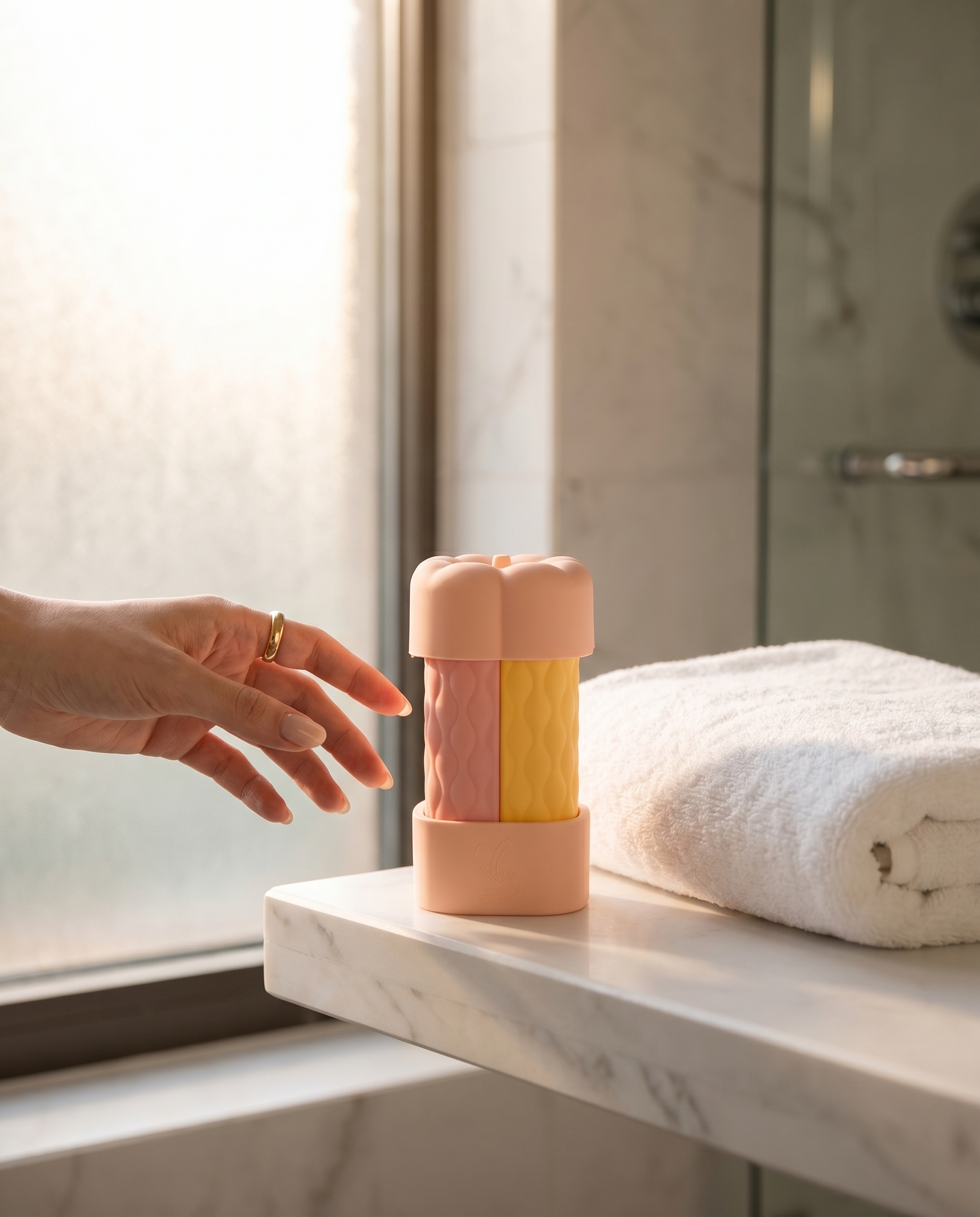 Bouteille de voyage 4-en-1 Nomadly sur une étagère de salle de bain d'hôtel