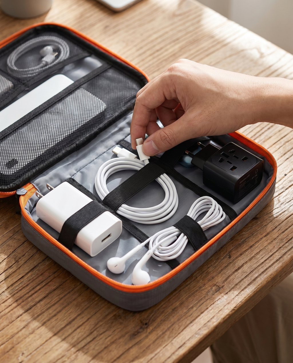 Organisateur de câbles Nomadly avec accessoires tech rangés