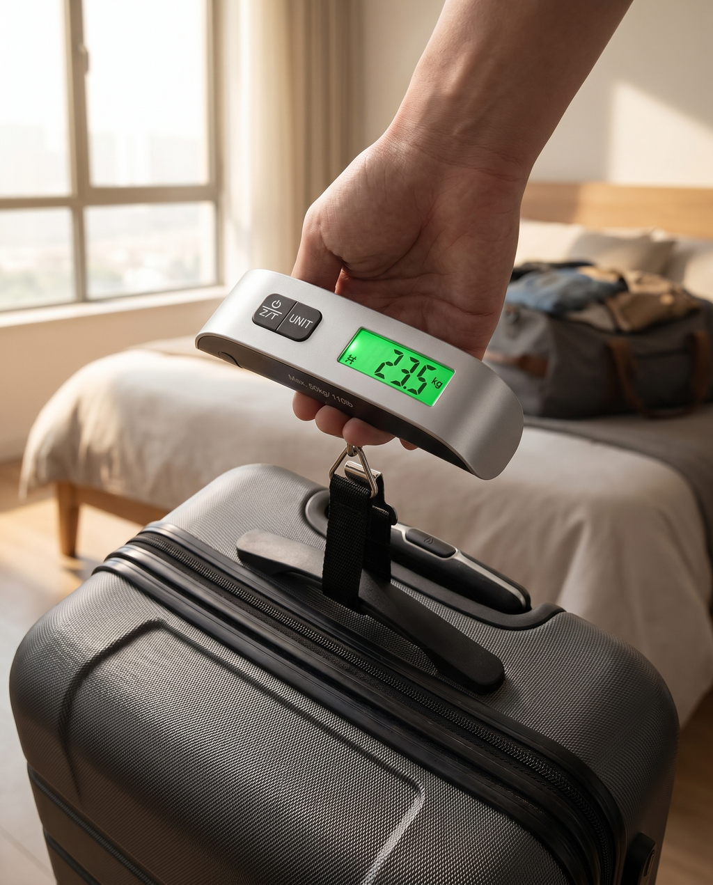 Balance de bagages digitale Nomadly accrochée à une valise