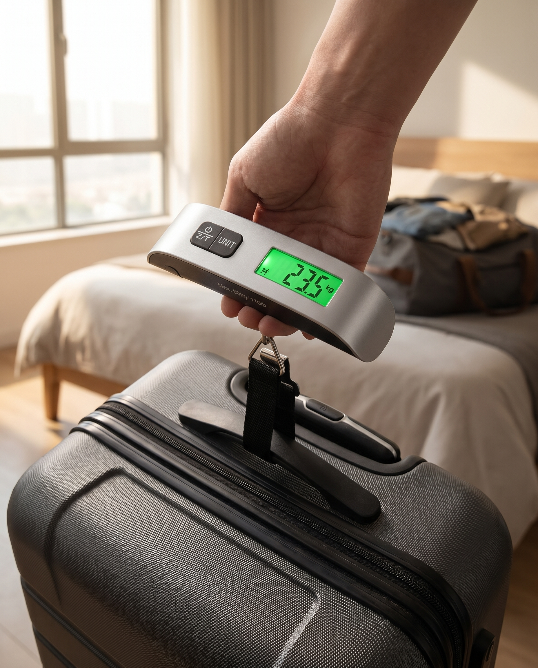 Balance de bagages digitale Nomadly accrochée à une valise