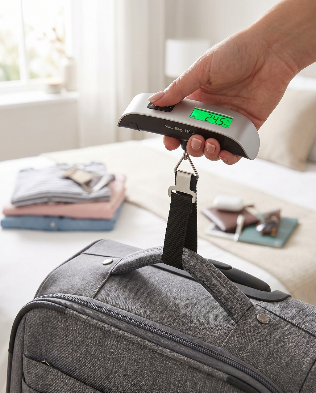 Balance de bagages Nomadly affichant le poids d'une valise
