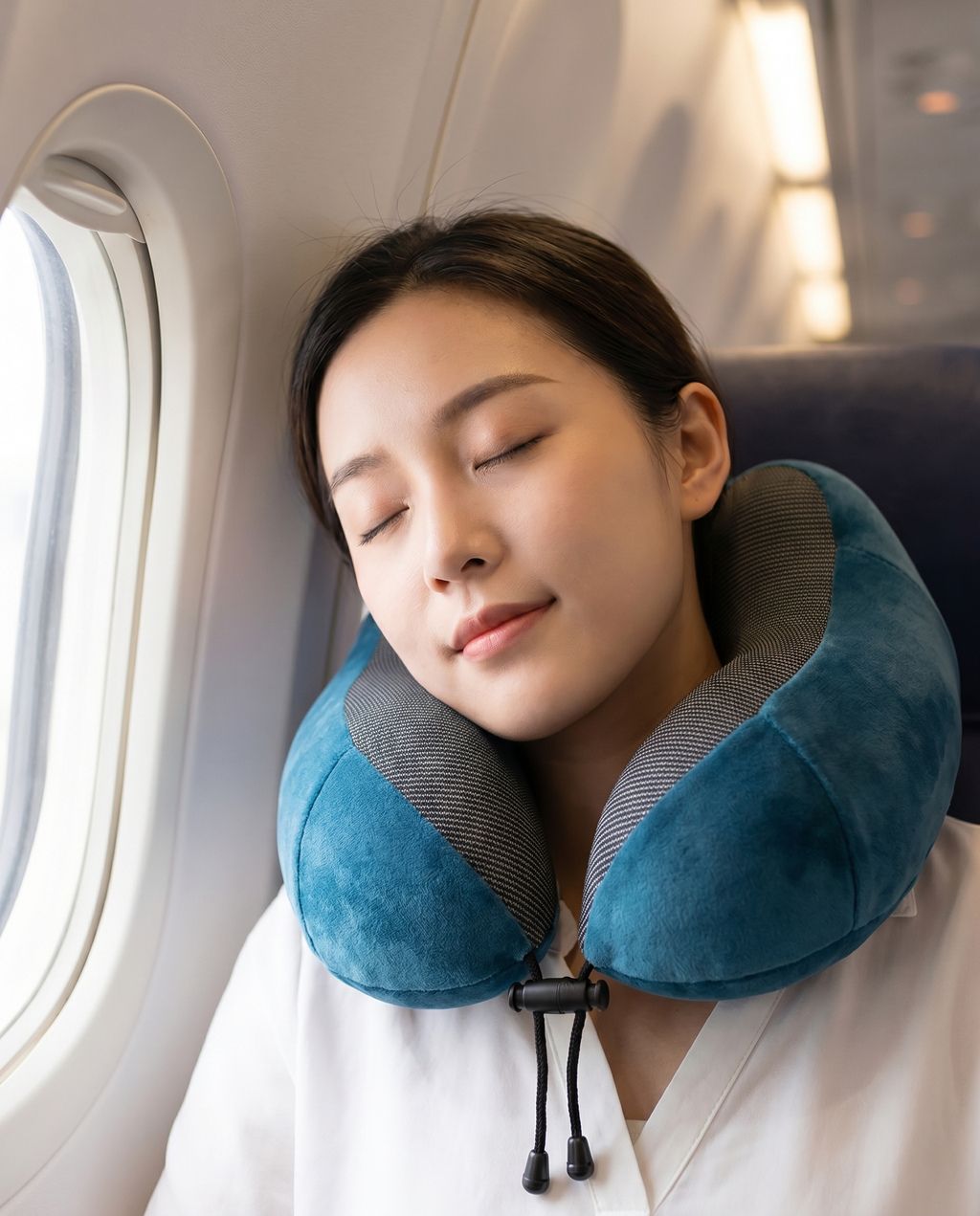 Oreiller de voyage Nomadly porté par un passager en avion