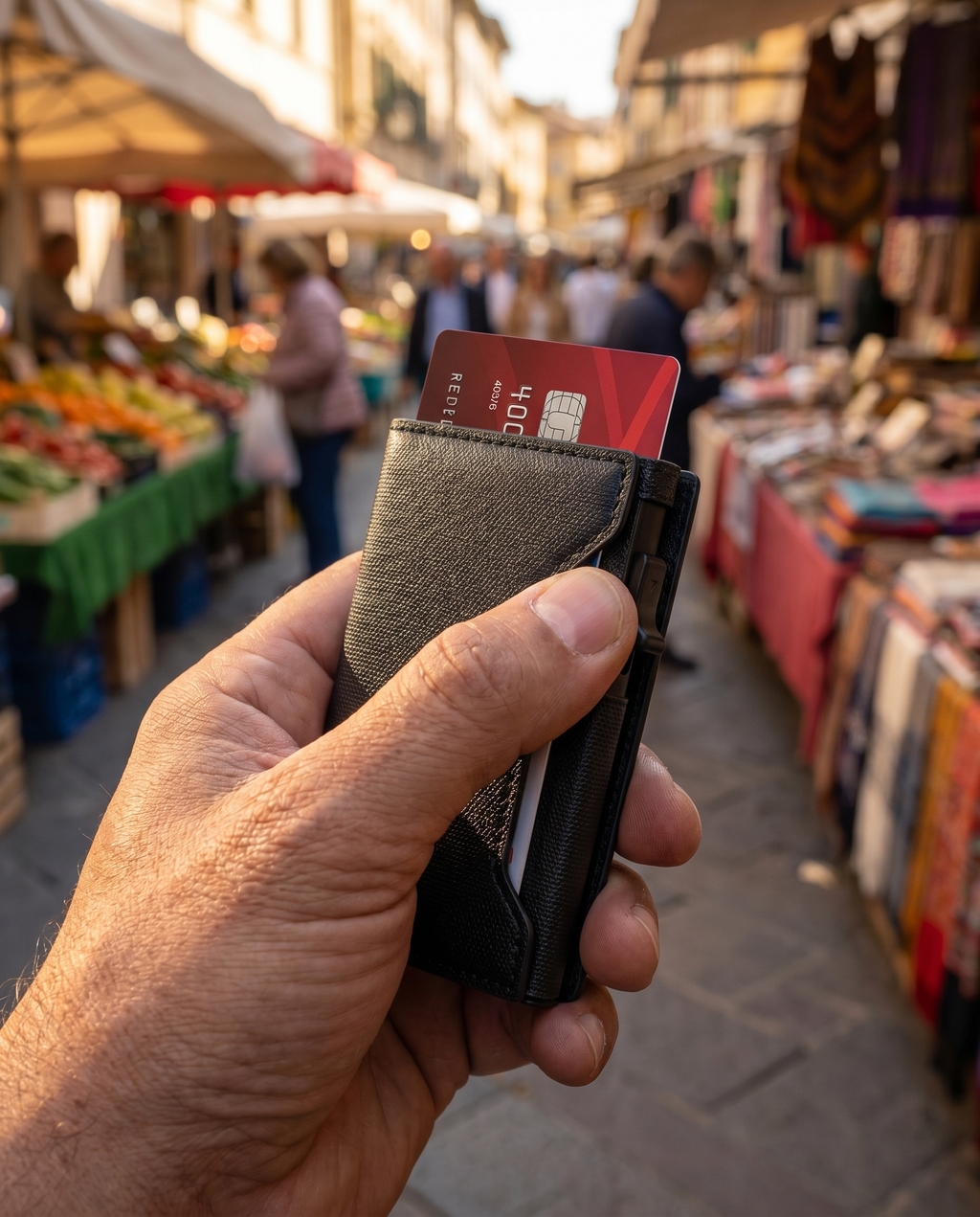 Portefeuille RFID Nomadly utilisé dans un marché en voyage