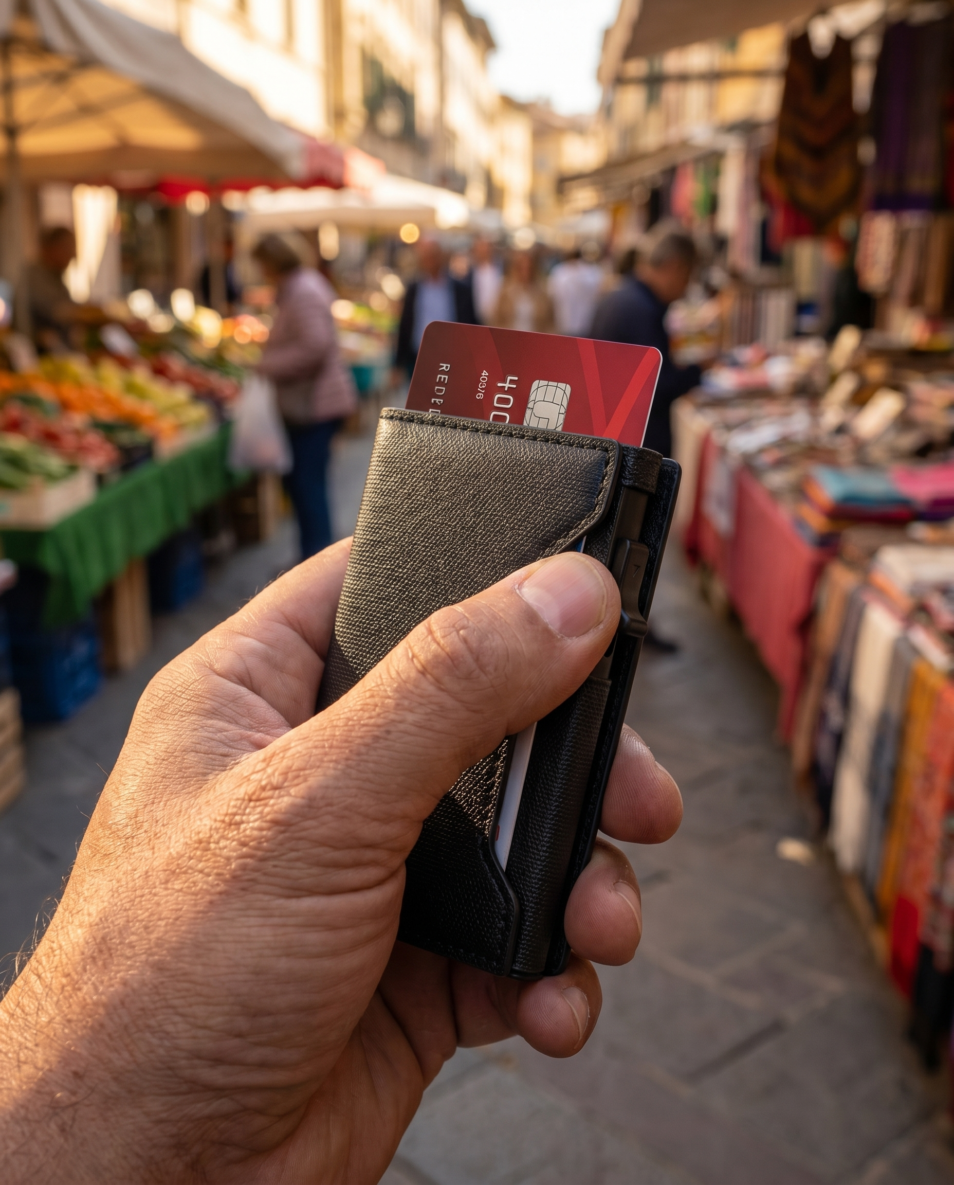 Portefeuille RFID Nomadly utilisé dans un marché en voyage