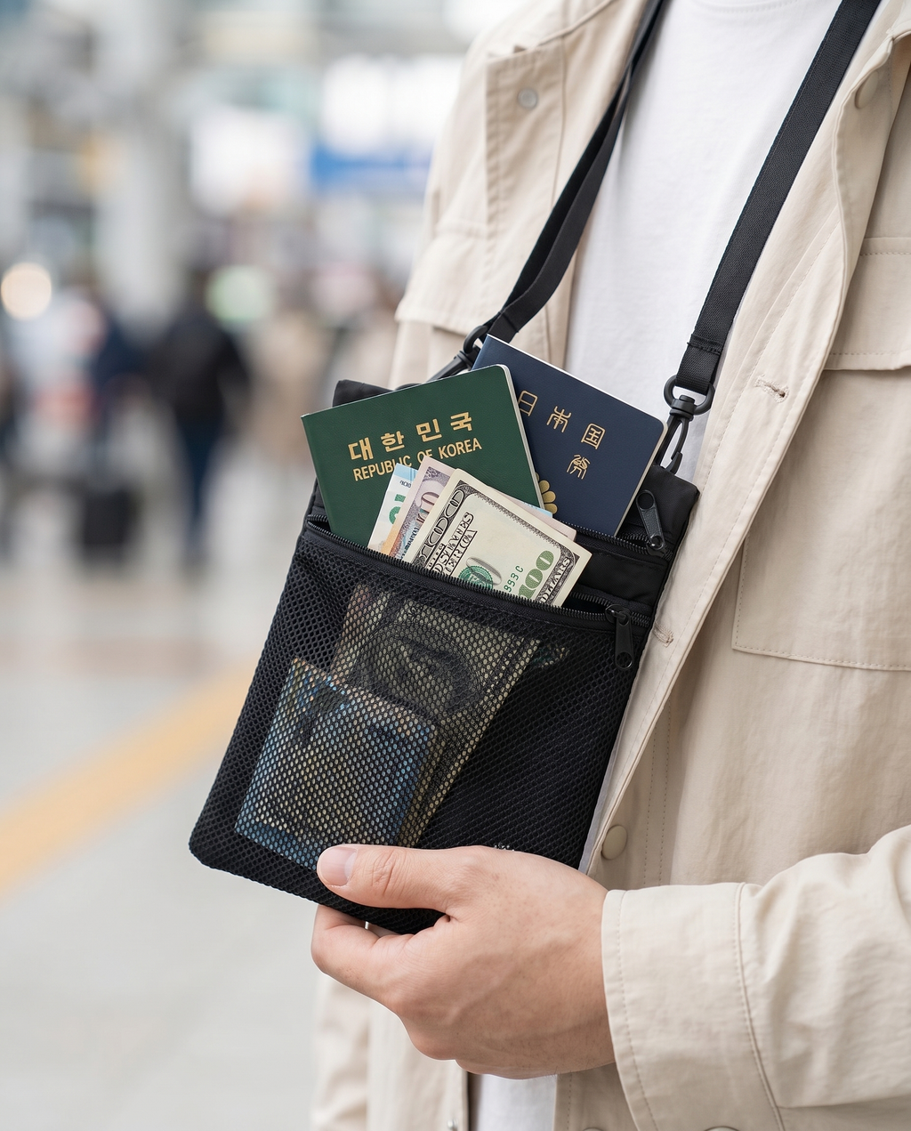 Pochette tour de cou Nomadly portée en voyage
