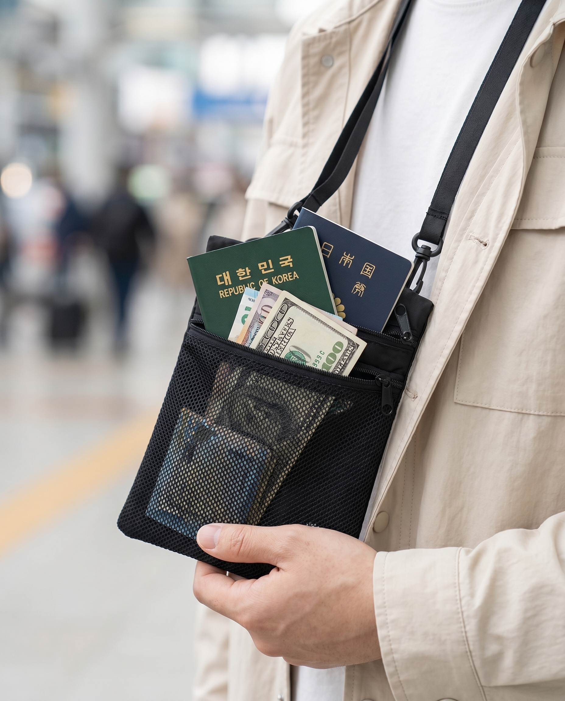 Pochette tour de cou Nomadly portée en voyage