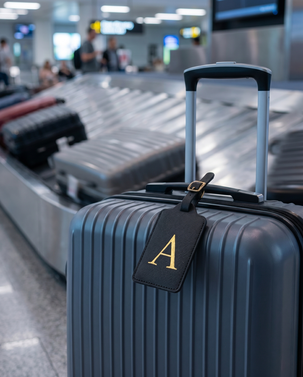 Étiquette bagage en cuir Nomadly sur une valise au tapis à bagages