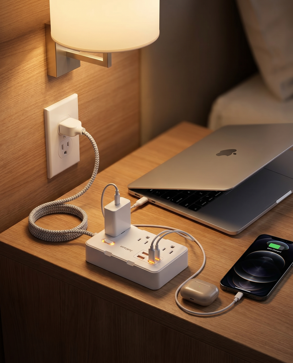 Multiprise voyage compacte Nomadly chargeant plusieurs appareils sur une table de nuit d'hôtel