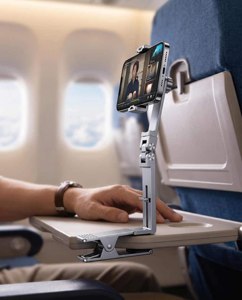 Support téléphone avion Nomadly fixé à la tablette d'un siège
