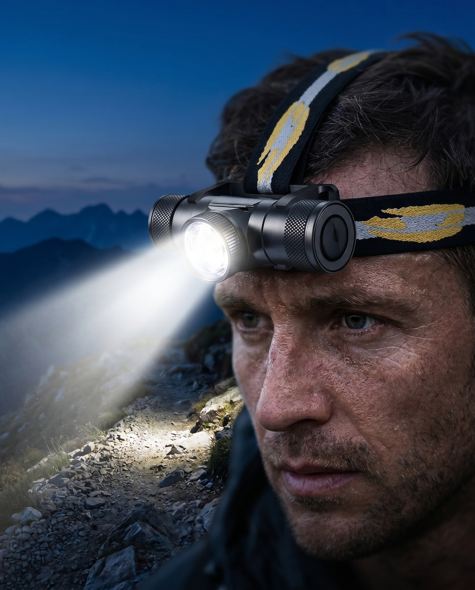 Lampe frontale Nomadly portée en randonnée nocturne en montagne