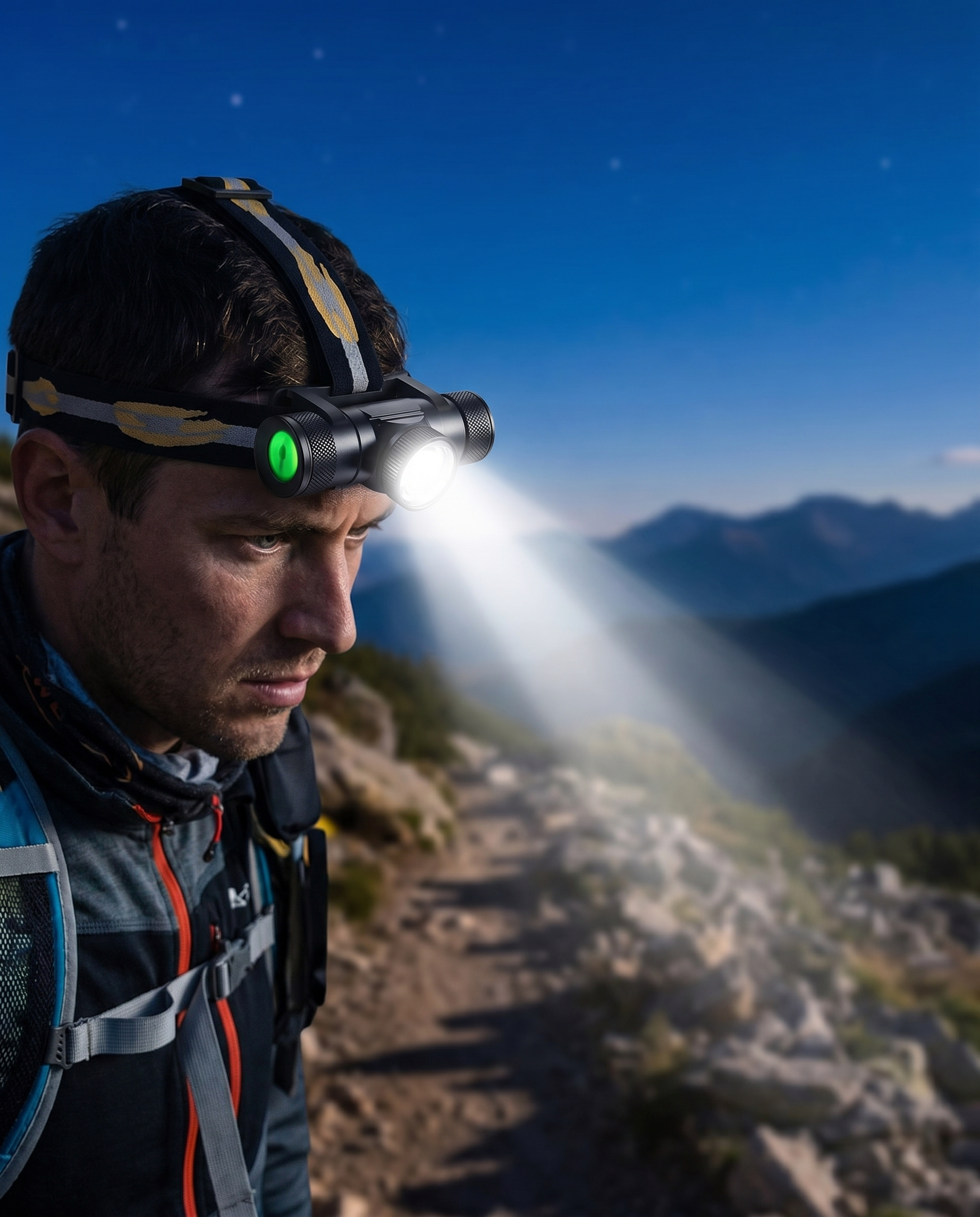 Lampe frontale rechargeable Nomadly éclairant un sentier au crépuscule