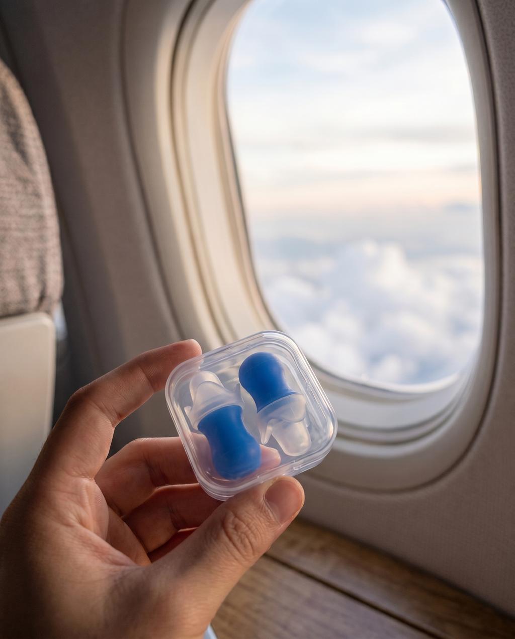 Bouchons d'oreilles avion Nomadly tenus près du hublot