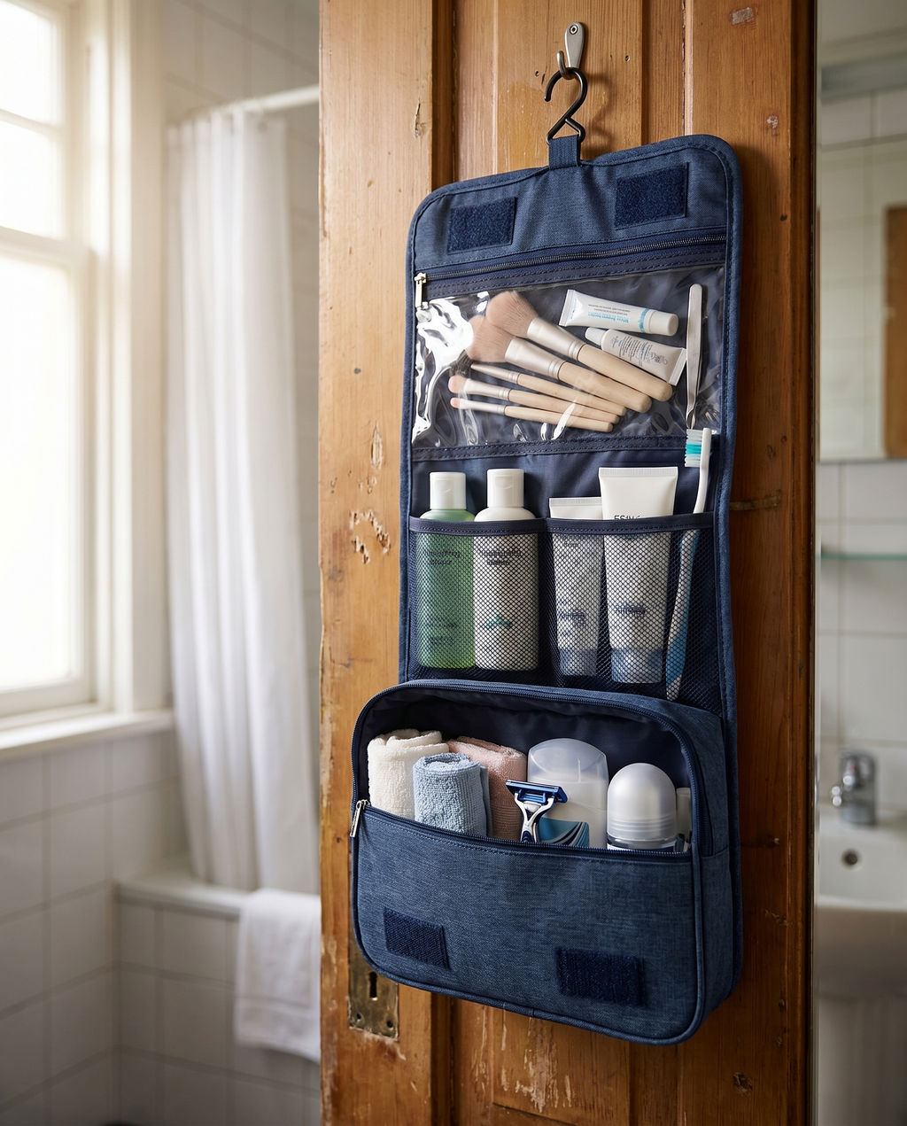 Trousse de toilette suspendue Nomadly ouverte sur une porte de salle de bain