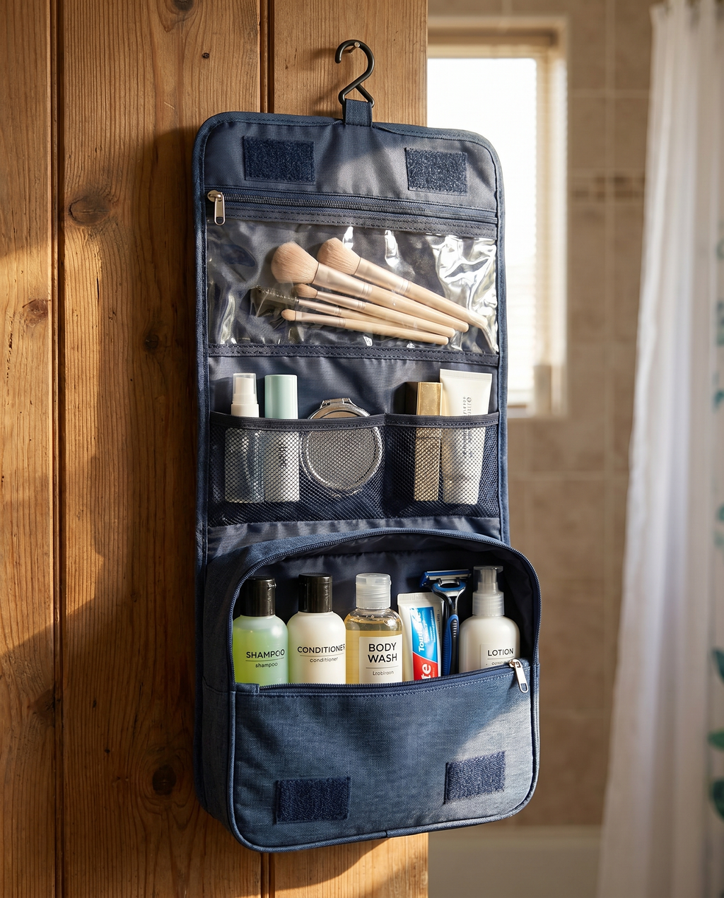 Trousse de toilette suspendue Nomadly remplie d'accessoires
