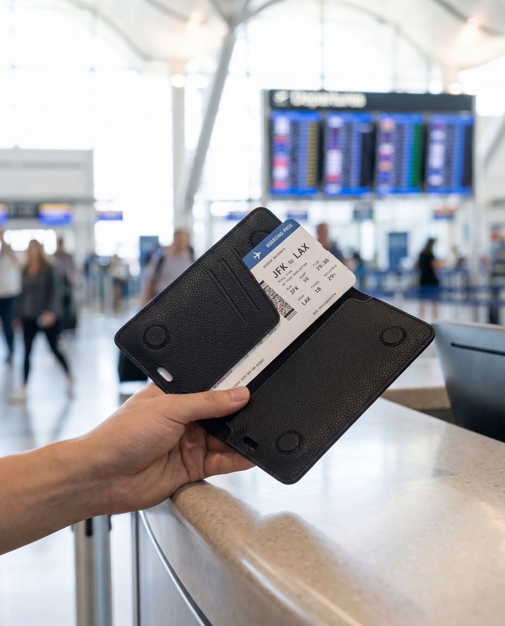 Housse passeport RFID Nomadly tenue à l'enregistrement à l'aéroport