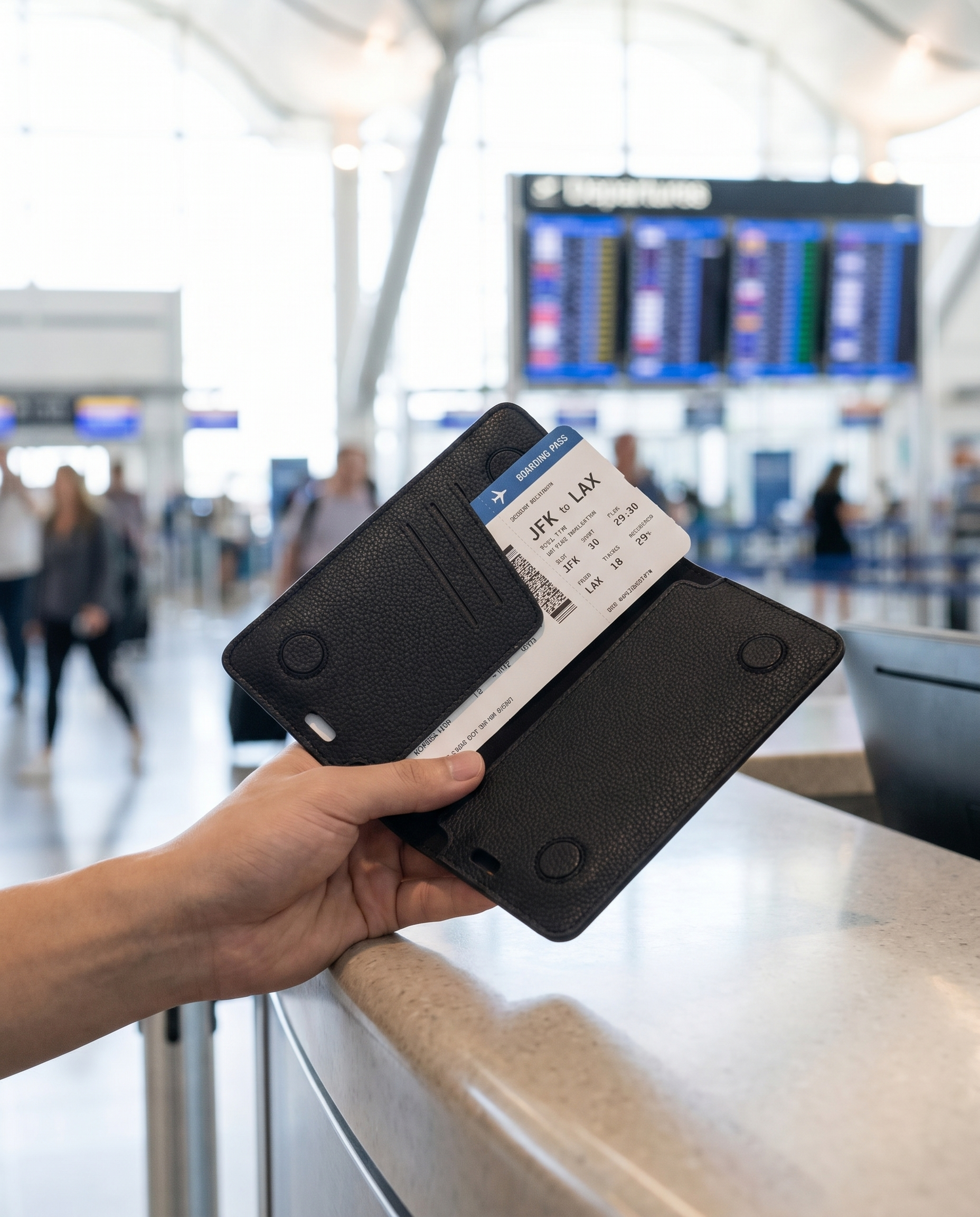 Housse passeport RFID Nomadly tenue à l'enregistrement à l'aéroport