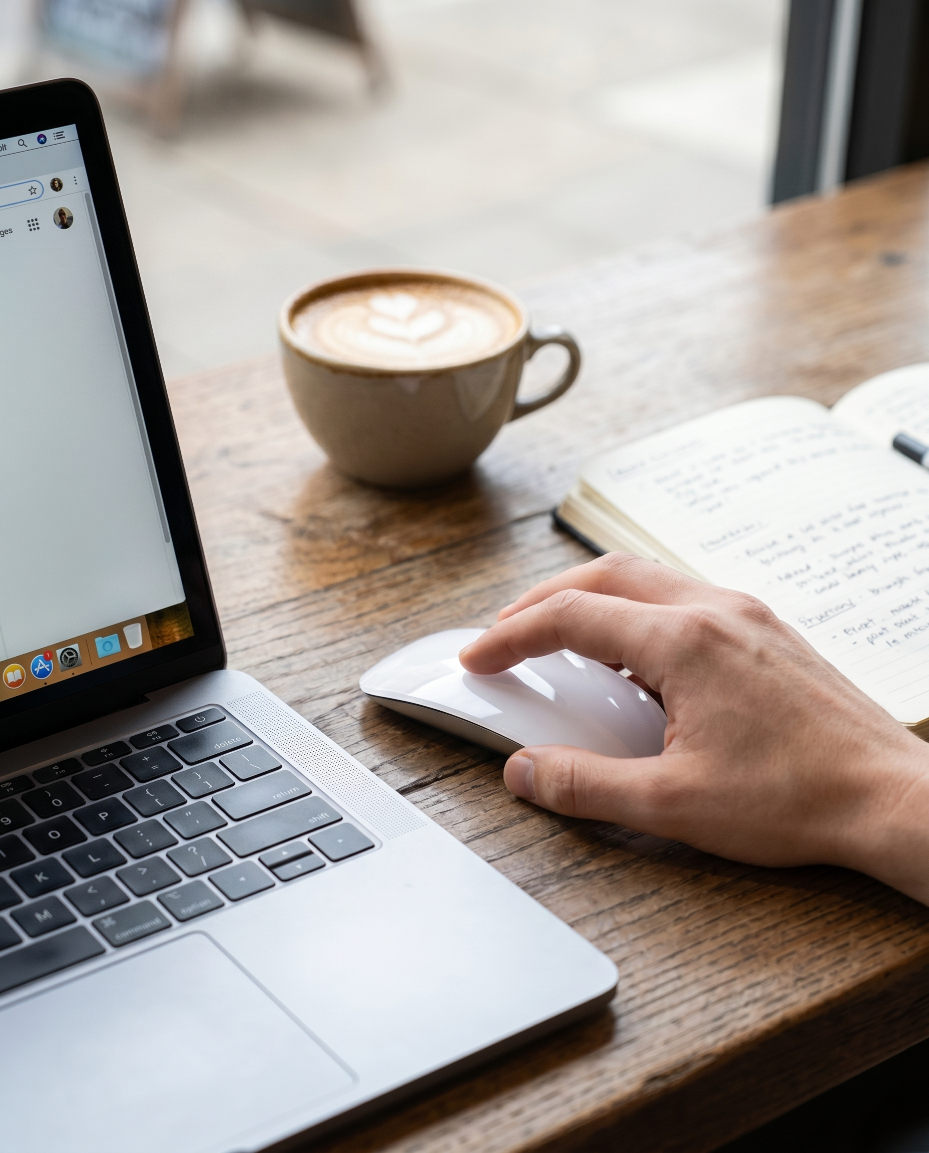 Souris de voyage sans fil Nomadly sur une table de café avec laptop