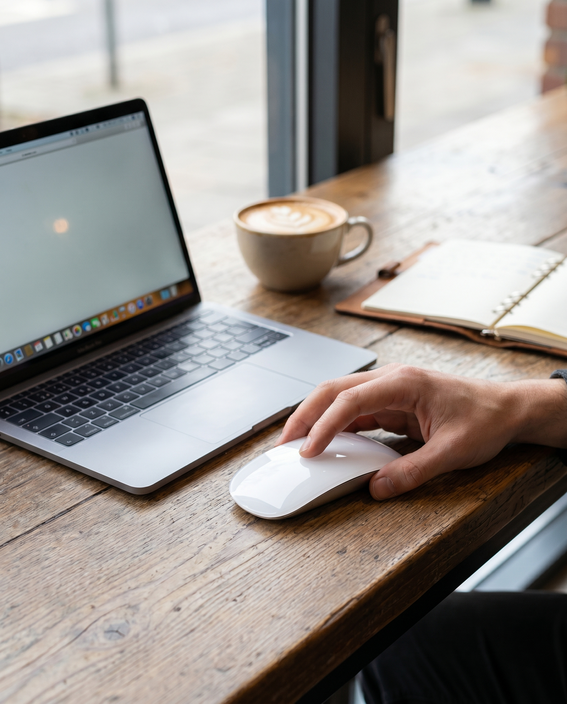 Souris sans fil rechargeable Nomadly en télétravail au café