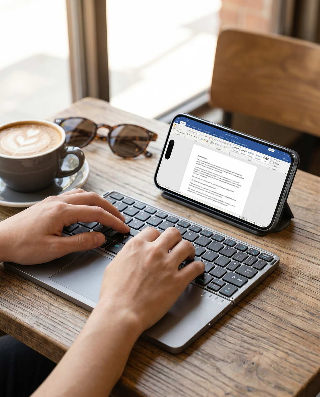 Clavier pliable Nomadly utilisé avec un smartphone en déplacement
