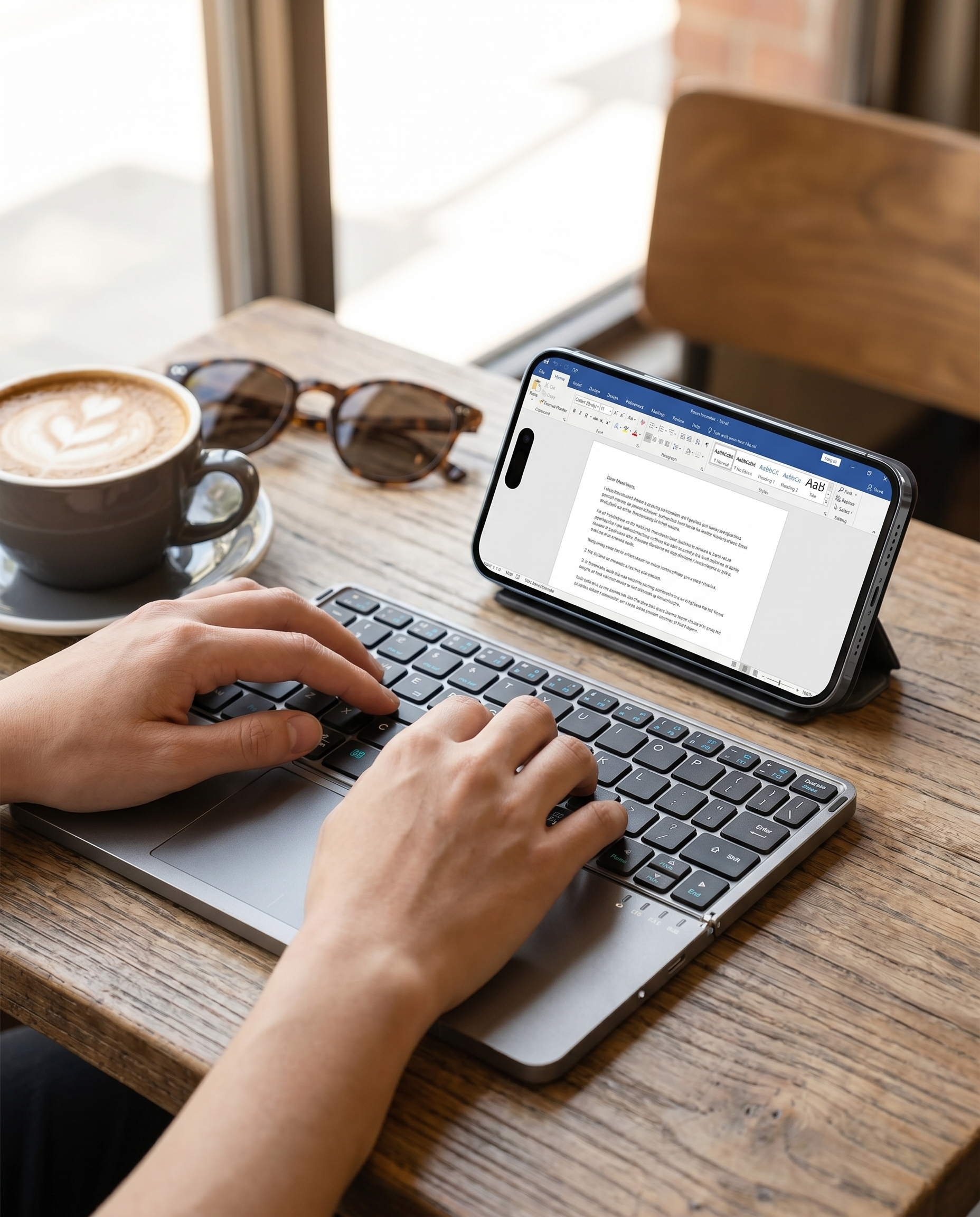 Clavier pliable Nomadly utilisé avec un smartphone en déplacement