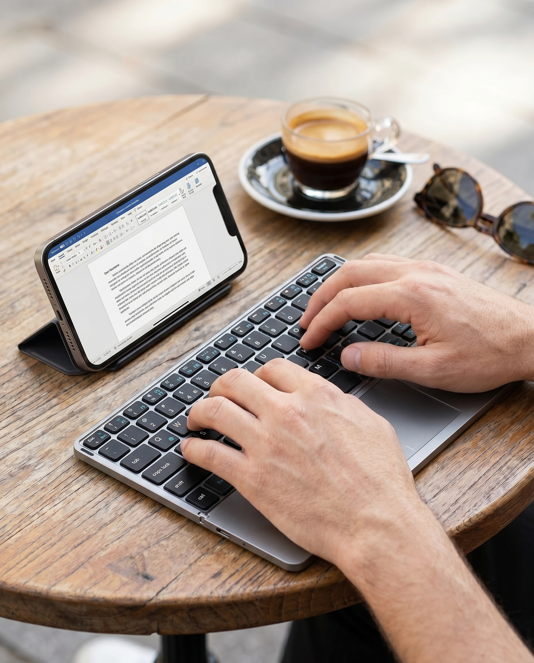 Clavier bluetooth pliable Nomadly déplié sur une table de café