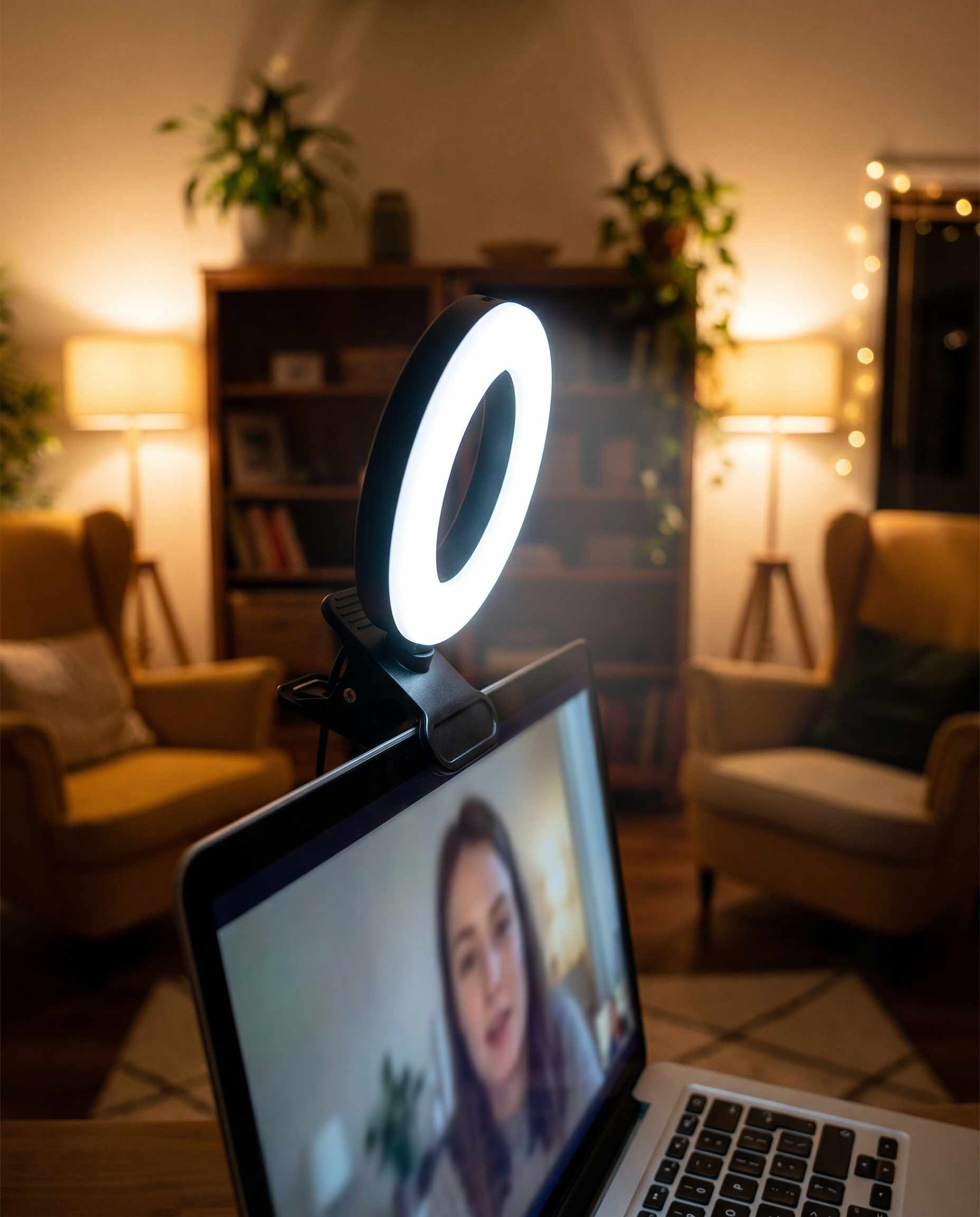 Ring light clip Nomadly fixé sur un laptop pendant une visioconférence