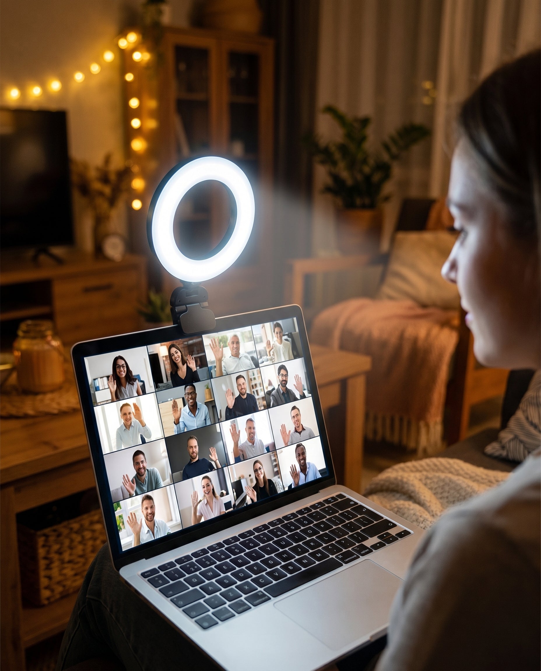 Ring light clip Nomadly éclairant un appel vidéo depuis un Airbnb