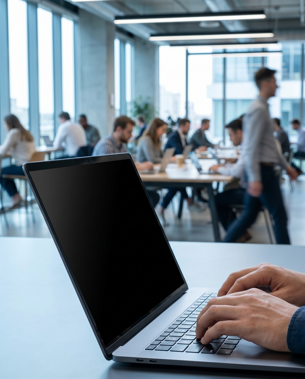 Filtre de confidentialité écran Nomadly sur un laptop en coworking