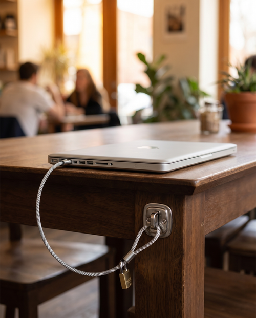 Câble antivol laptop Nomadly attachant un ordinateur à une table de café