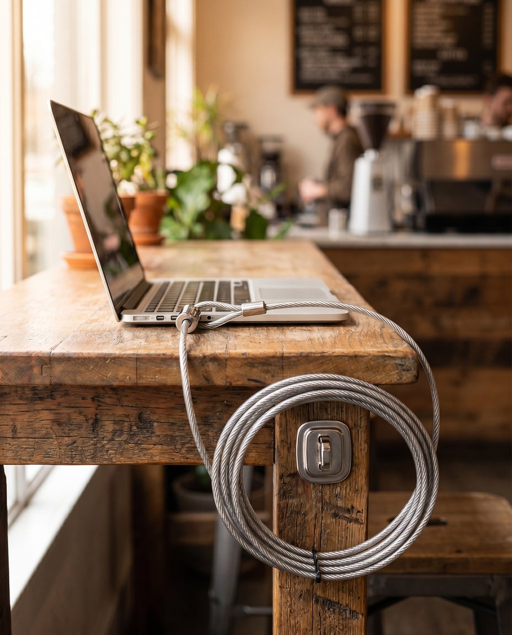 Câble antivol Kensington Nomadly sécurisant un laptop en public