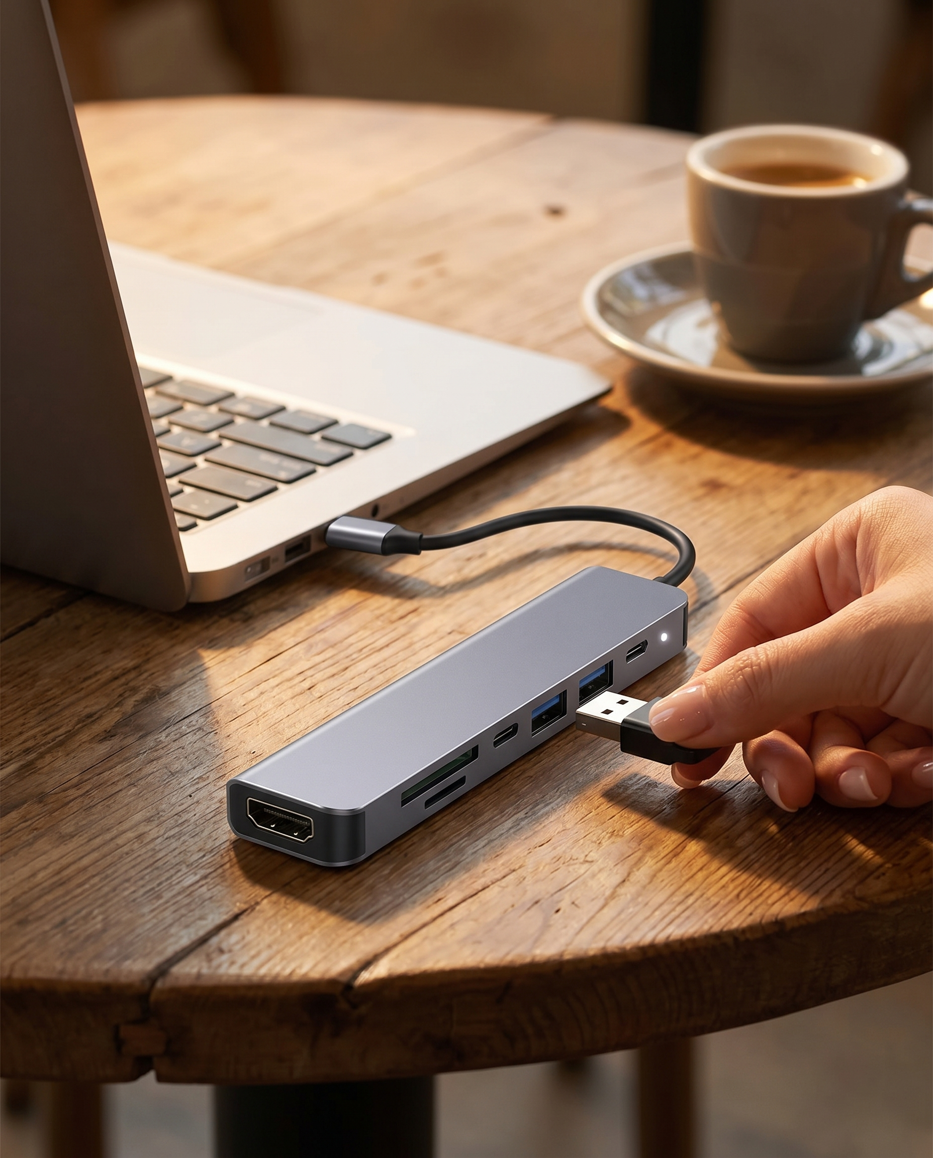 Hub USB-C Nomadly en usage avec clé USB au café