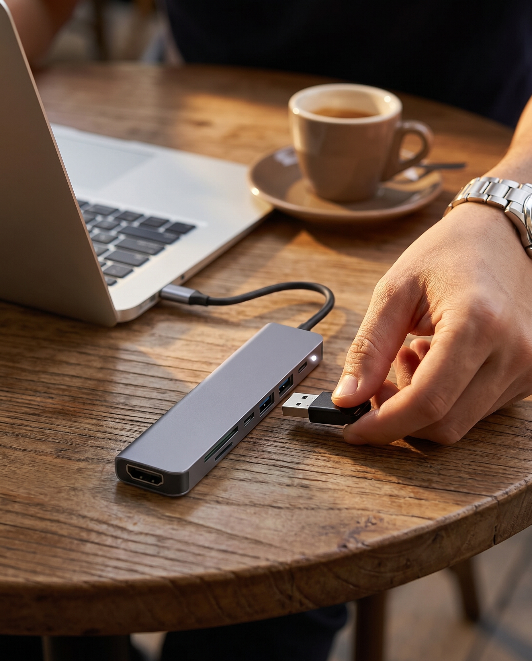 Hub USB-C 7-en-1 Nomadly branché à un laptop sur une table de café