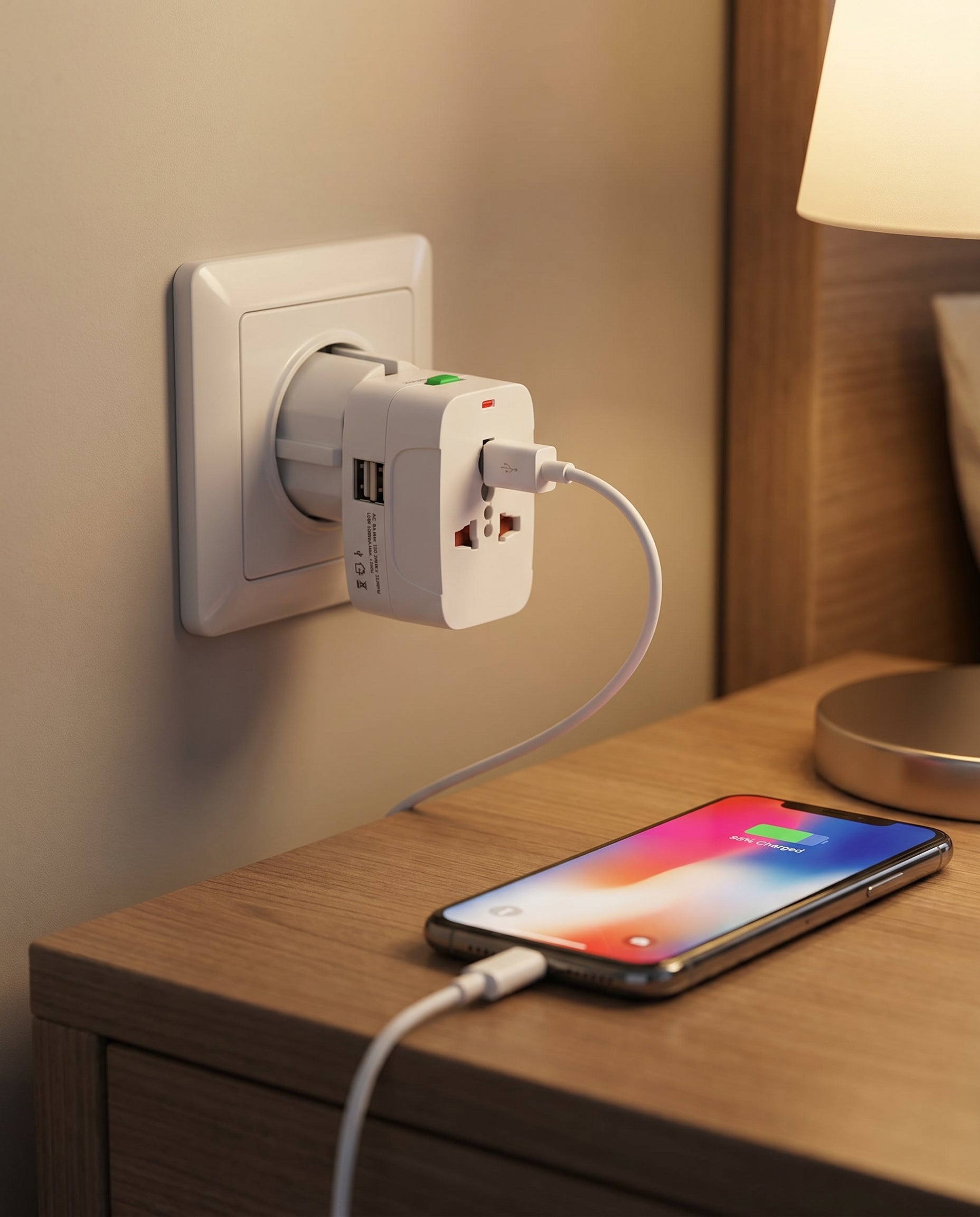 Adaptateur universel de voyage Nomadly branché dans une chambre d'hôtel
