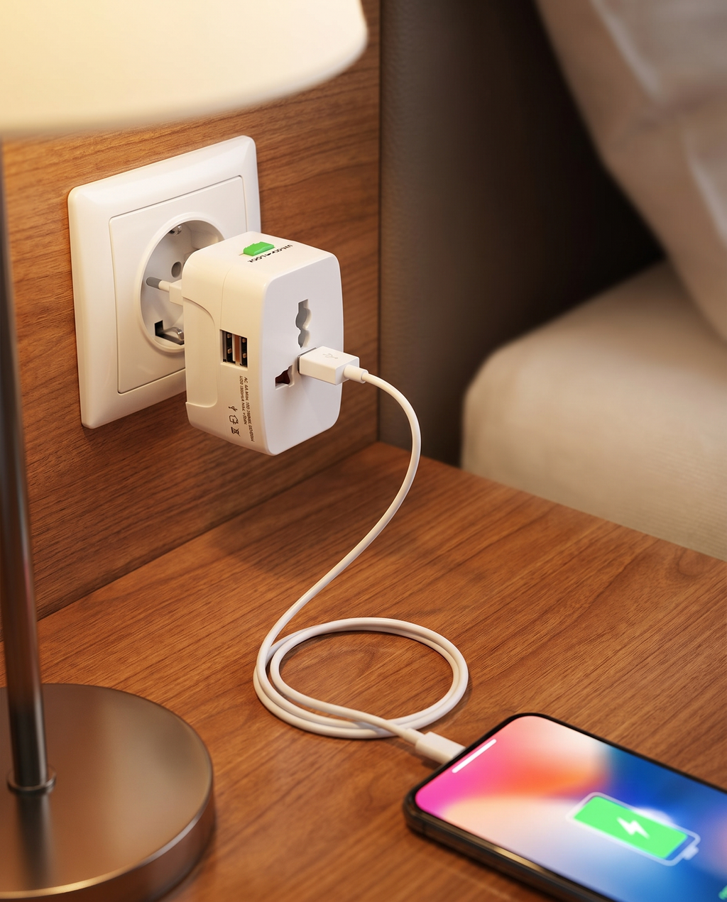 Adaptateur universel Nomadly chargeant un smartphone sur une table de nuit