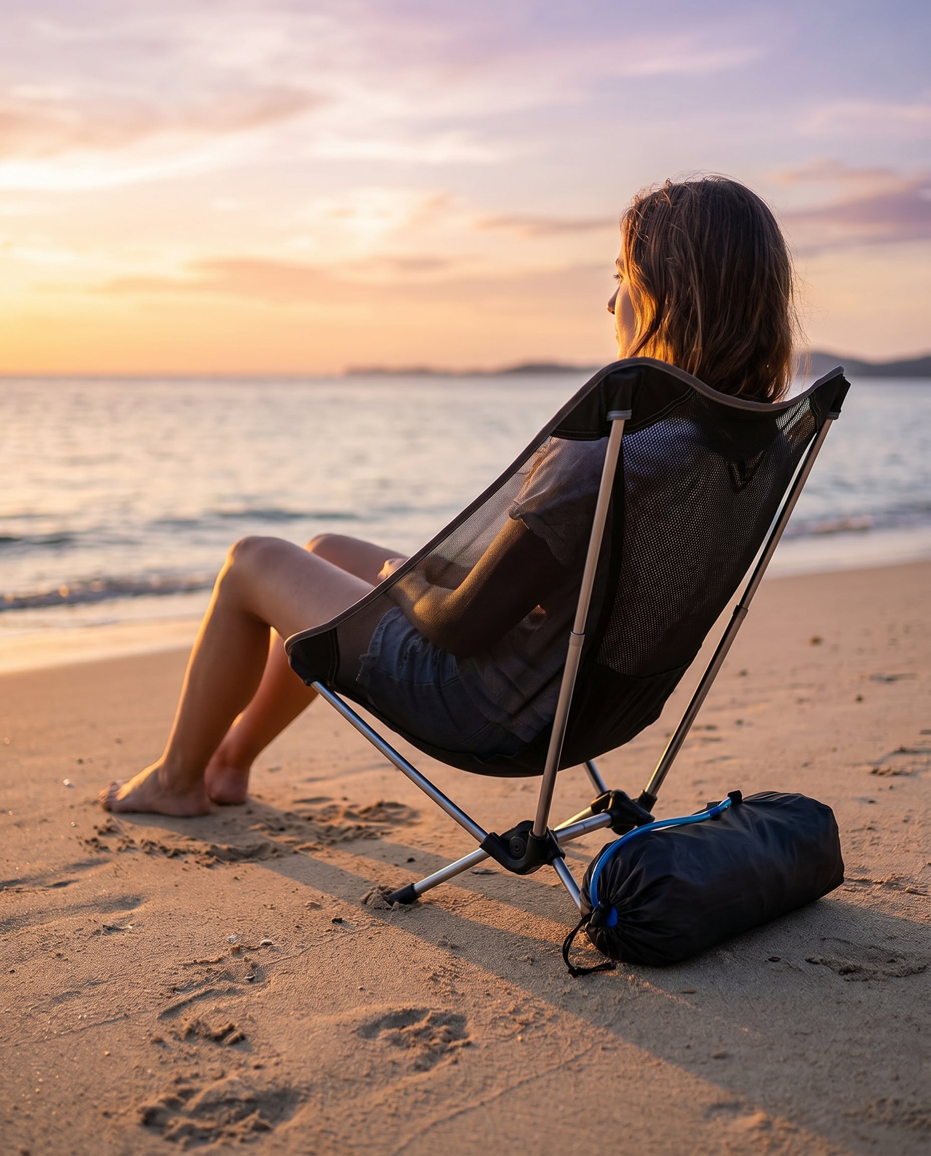 Chaise de camping ultralégère Nomadly sur une plage au coucher du soleil